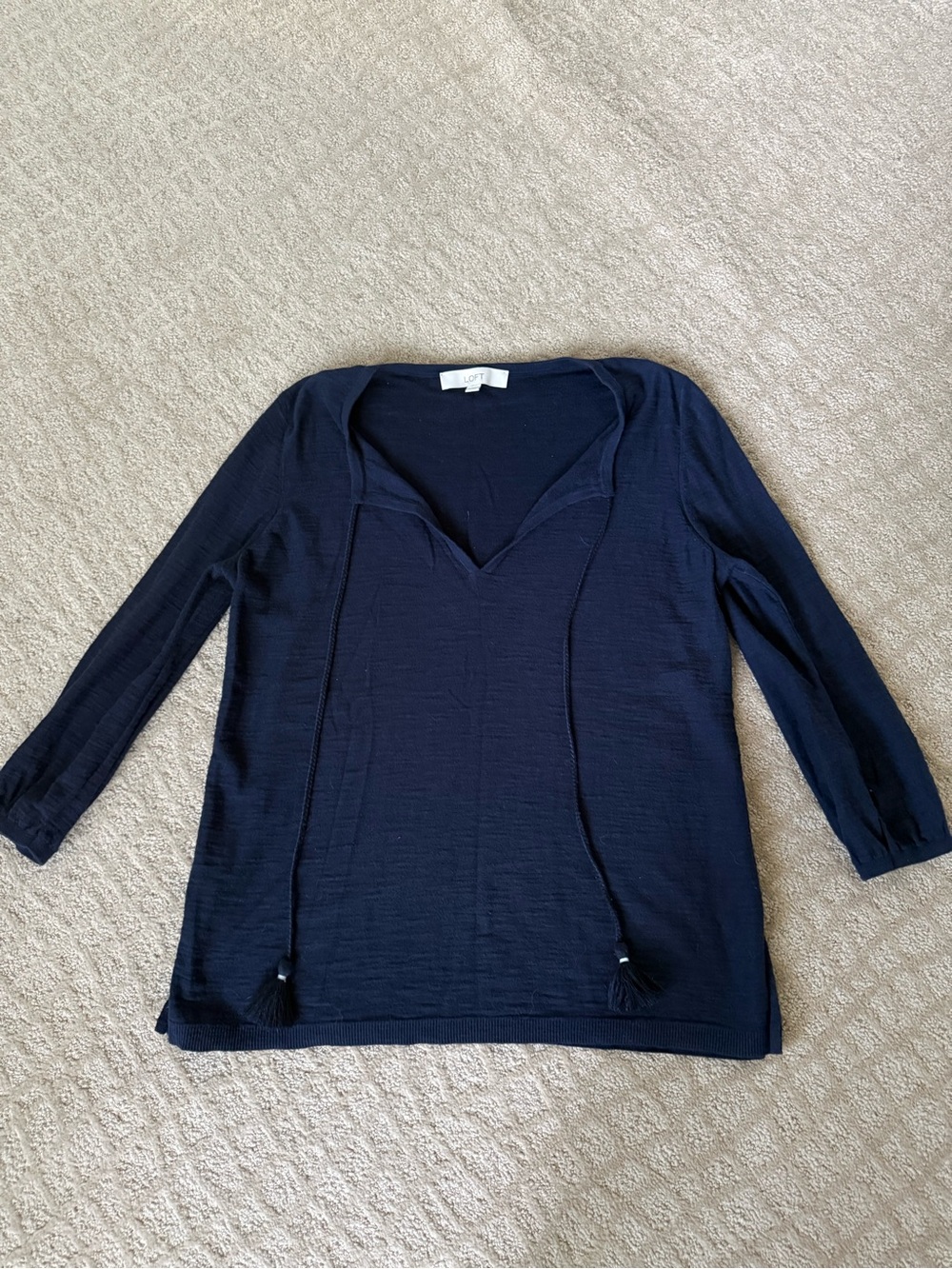 LOFT Navy V-Neck Pullover Top with Tassel Ties